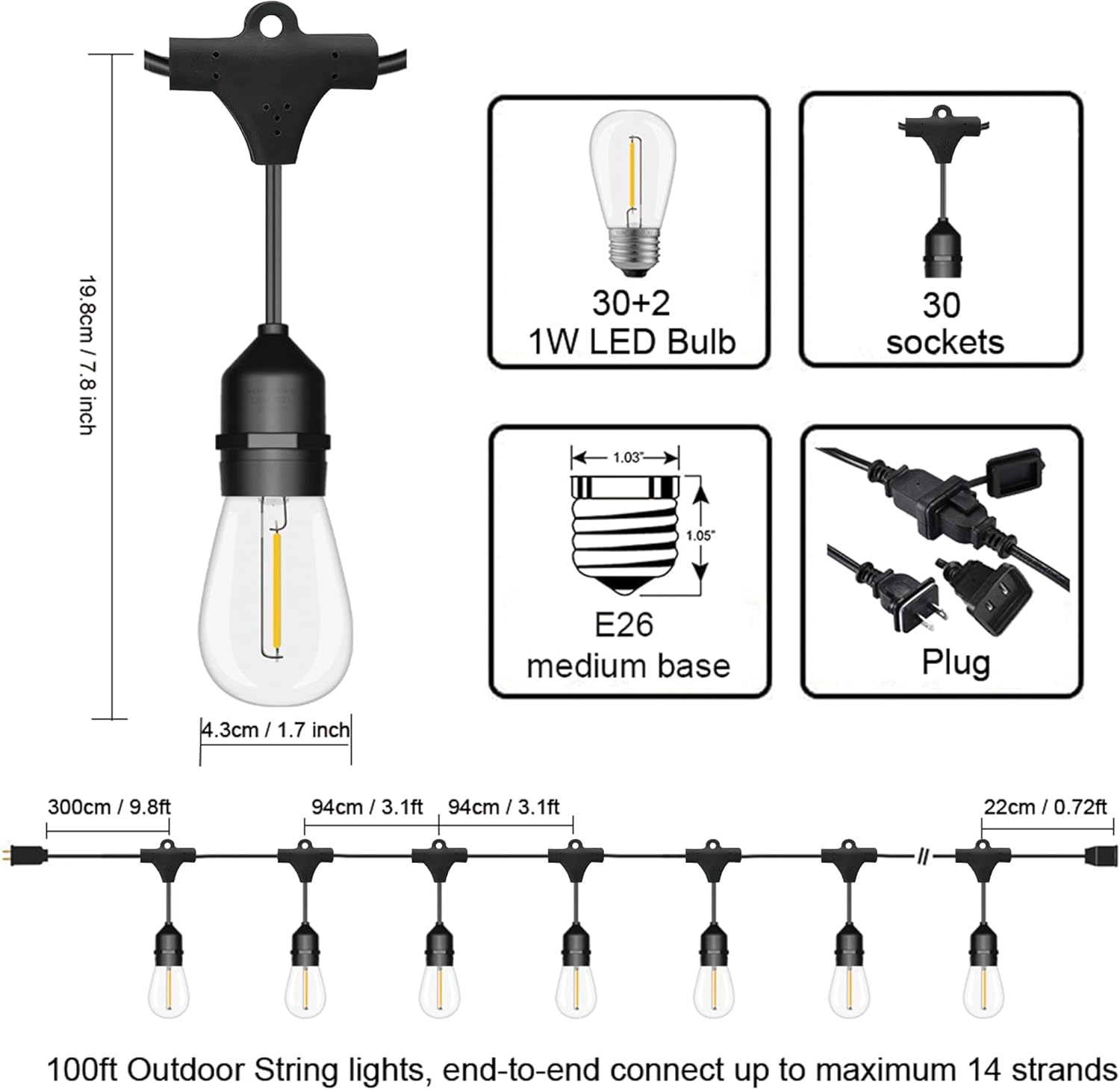100FT Outdoor String Lights, 3 - огляд і ціна Outdoor Lighting Socket