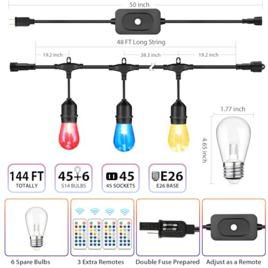 144Ft 3x48ft Multicolor Outdoo - огляд і ціна String Light Bistro